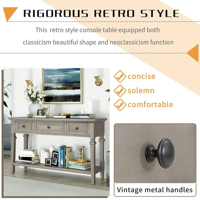 Consolle retrò Blu marino/Espresso/Grigio slavato/Bianco antico, 3 cassetti e ripiano aperto, 127 cm