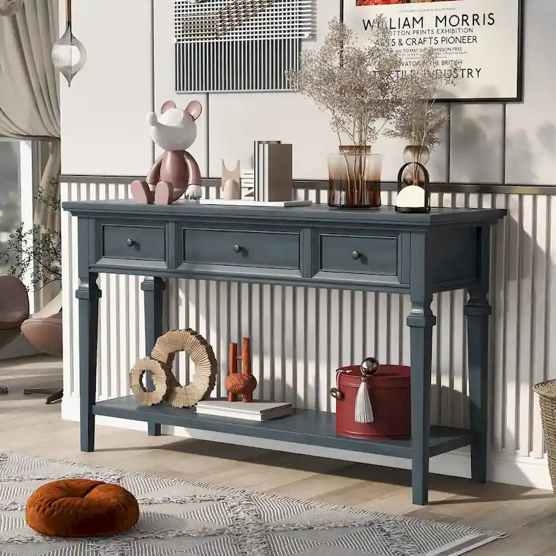 Consolle retrò Blu marino/Espresso/Grigio slavato/Bianco antico, 3 cassetti e ripiano aperto, 127 cm