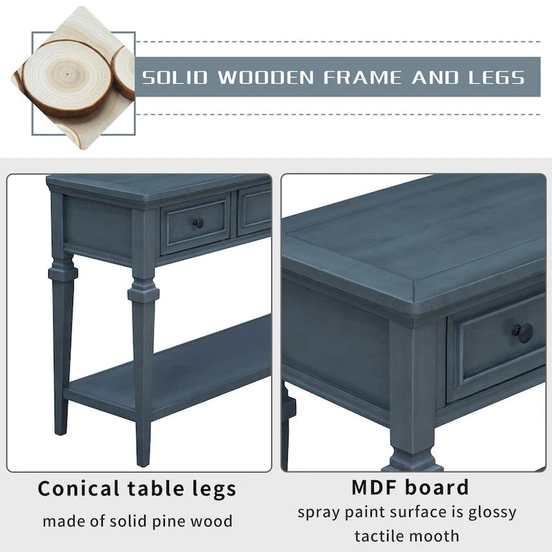 Consolle retrò Blu marino/Espresso/Grigio slavato/Bianco antico, 3 cassetti e ripiano aperto, 127 cm