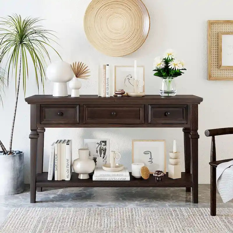 Consolle retrò Blu marino/Espresso/Grigio slavato/Bianco antico, 3 cassetti e ripiano aperto, 127 cm