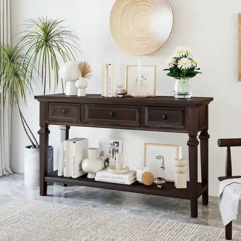 Consolle retrò Blu marino/Espresso/Grigio slavato/Bianco antico, 3 cassetti e ripiano aperto, 127 cm