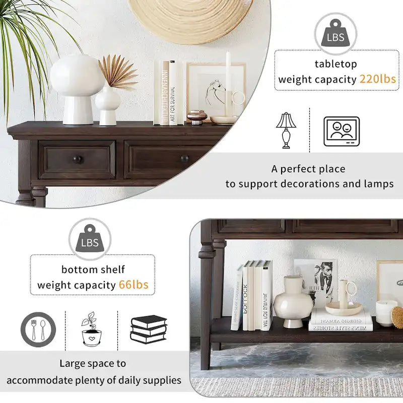 Consolle retrò Blu marino/Espresso/Grigio slavato/Bianco antico, 3 cassetti e ripiano aperto, 127 cm