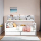 Divano letto in legno a grandezza naturale con 2 cassetti e ripiano – Bianco / Espresso / Grigio, adatto a sedere o dormire 1 persona