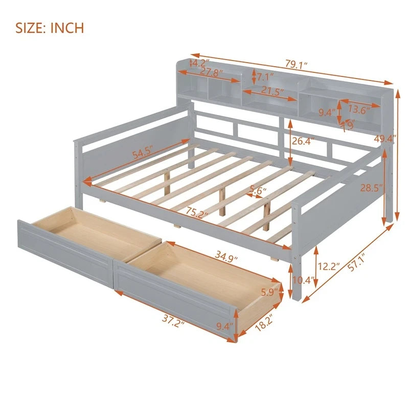 Divano letto in legno a grandezza naturale con 2 cassetti e ripiano – Bianco / Espresso / Grigio, adatto a sedere o dormire 1 persona