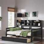 Divano letto in legno a grandezza naturale con 2 cassetti e ripiano – Bianco / Espresso / Grigio, adatto a sedere o dormire 1 persona