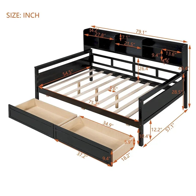 Divano letto in legno a grandezza naturale con 2 cassetti e ripiano – Bianco / Espresso / Grigio, adatto a sedere o dormire 1 persona