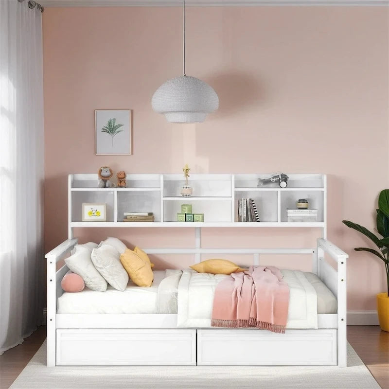 Divano letto in legno a grandezza naturale con 2 cassetti e ripiano – Bianco / Espresso / Grigio, adatto a sedere o dormire 1 persona