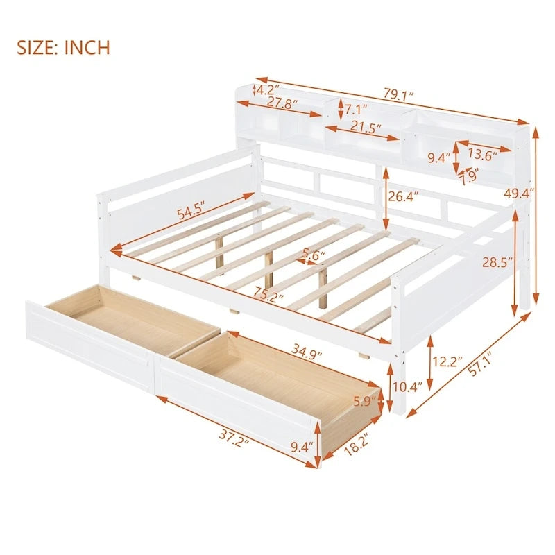 Divano letto in legno a grandezza naturale con 2 cassetti e ripiano – Bianco / Espresso / Grigio, adatto a sedere o dormire 1 persona