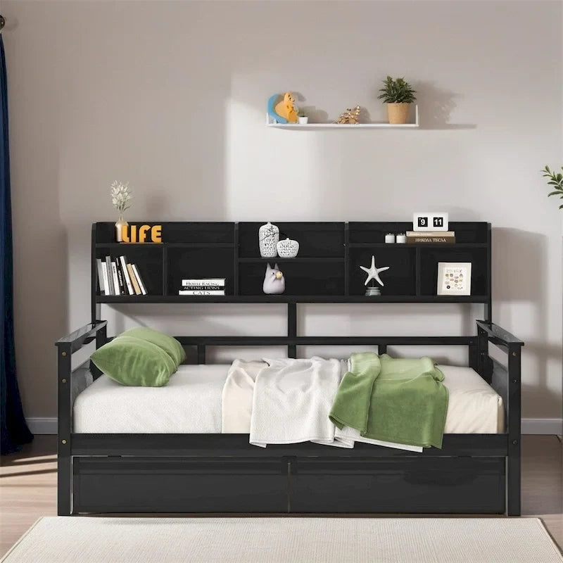 Divano letto in legno a grandezza naturale con 2 cassetti e ripiano – Bianco / Espresso / Grigio, adatto a sedere o dormire 1 persona