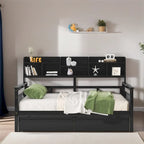 Divano letto in legno a grandezza naturale con 2 cassetti e ripiano – Bianco / Espresso / Grigio, adatto a sedere o dormire 1 persona