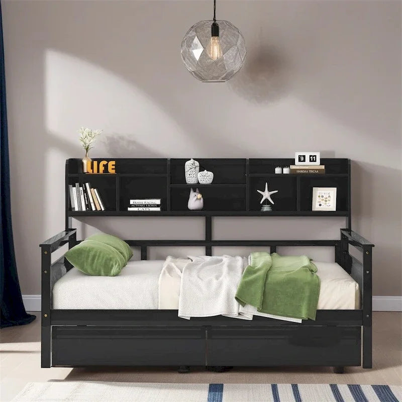Divano letto in legno a grandezza naturale con 2 cassetti e ripiano – Bianco / Espresso / Grigio, adatto a sedere o dormire 1 persona