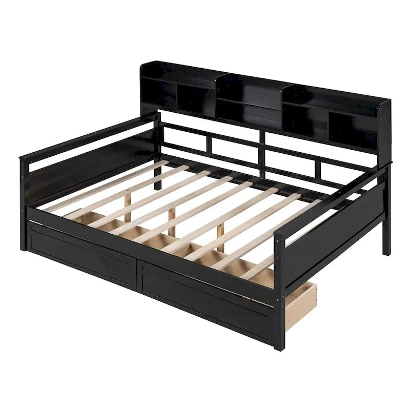 Divano letto in legno a grandezza naturale con 2 cassetti e ripiano – Bianco / Espresso / Grigio, adatto a sedere o dormire 1 persona