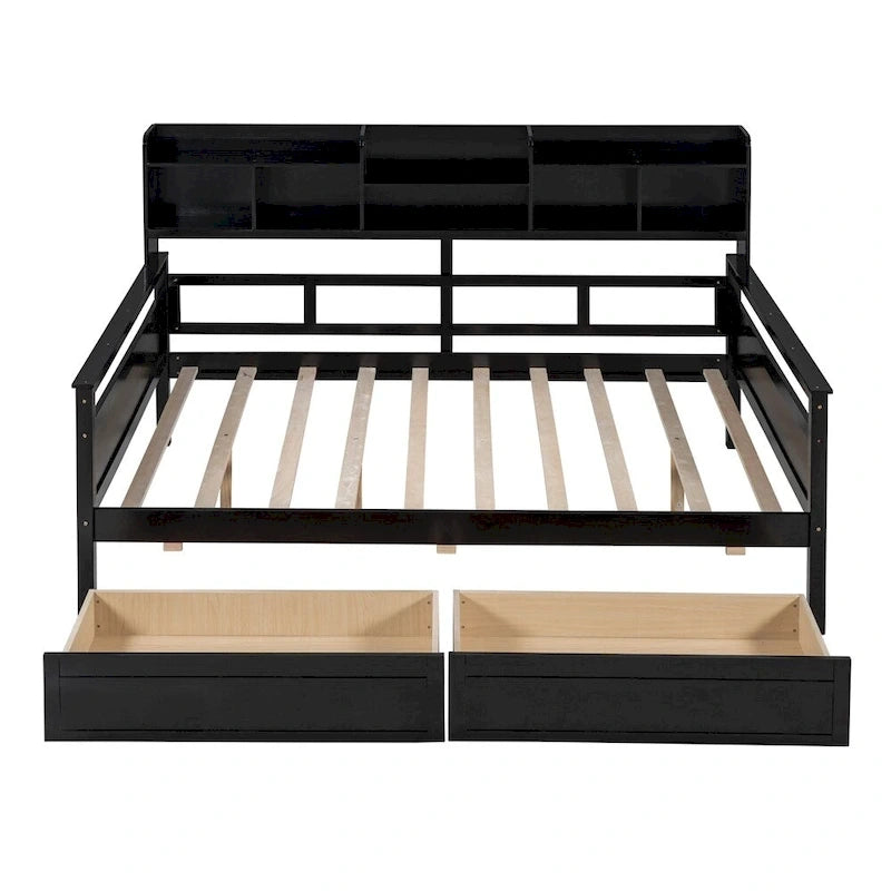 Divano letto in legno a grandezza naturale con 2 cassetti e ripiano – Bianco / Espresso / Grigio, adatto a sedere o dormire 1 persona