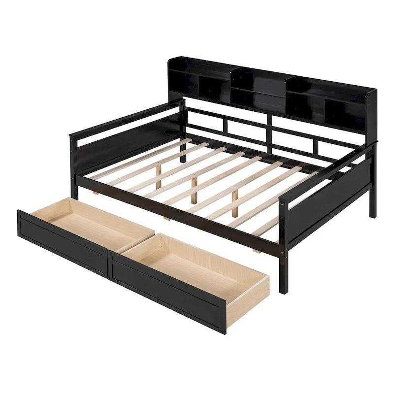 Divano letto in legno a grandezza naturale con 2 cassetti e ripiano – Bianco / Espresso / Grigio, adatto a sedere o dormire 1 persona