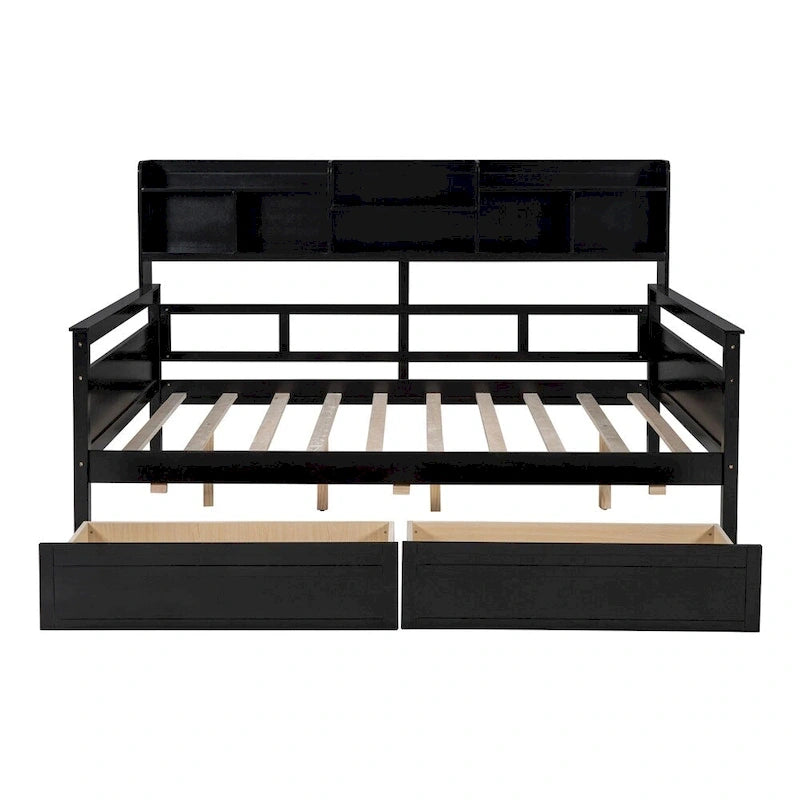 Divano letto in legno a grandezza naturale con 2 cassetti e ripiano – Bianco / Espresso / Grigio, adatto a sedere o dormire 1 persona