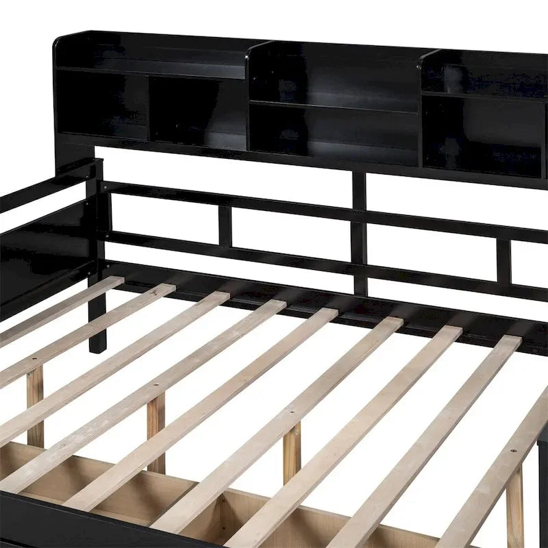 Divano letto in legno a grandezza naturale con 2 cassetti e ripiano – Bianco / Espresso / Grigio, adatto a sedere o dormire 1 persona