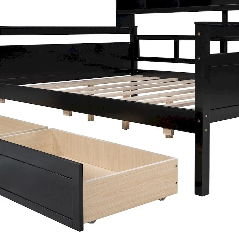 Divano letto in legno a grandezza naturale con 2 cassetti e ripiano – Bianco / Espresso / Grigio, adatto a sedere o dormire 1 persona