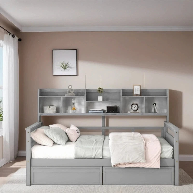 Divano letto in legno a grandezza naturale con 2 cassetti e ripiano – Bianco / Espresso / Grigio, adatto a sedere o dormire 1 persona