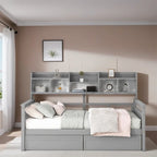 Divano letto in legno a grandezza naturale con 2 cassetti e ripiano – Bianco / Espresso / Grigio, adatto a sedere o dormire 1 persona