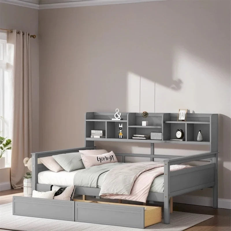 Divano letto in legno a grandezza naturale con 2 cassetti e ripiano – Bianco / Espresso / Grigio, adatto a sedere o dormire 1 persona