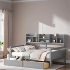 Divano letto in legno a grandezza naturale con 2 cassetti e ripiano – Bianco / Espresso / Grigio, adatto a sedere o dormire 1 persona
