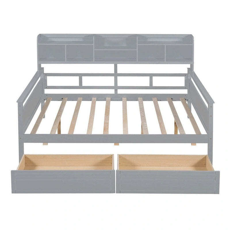 Divano letto in legno a grandezza naturale con 2 cassetti e ripiano – Bianco / Espresso / Grigio, adatto a sedere o dormire 1 persona