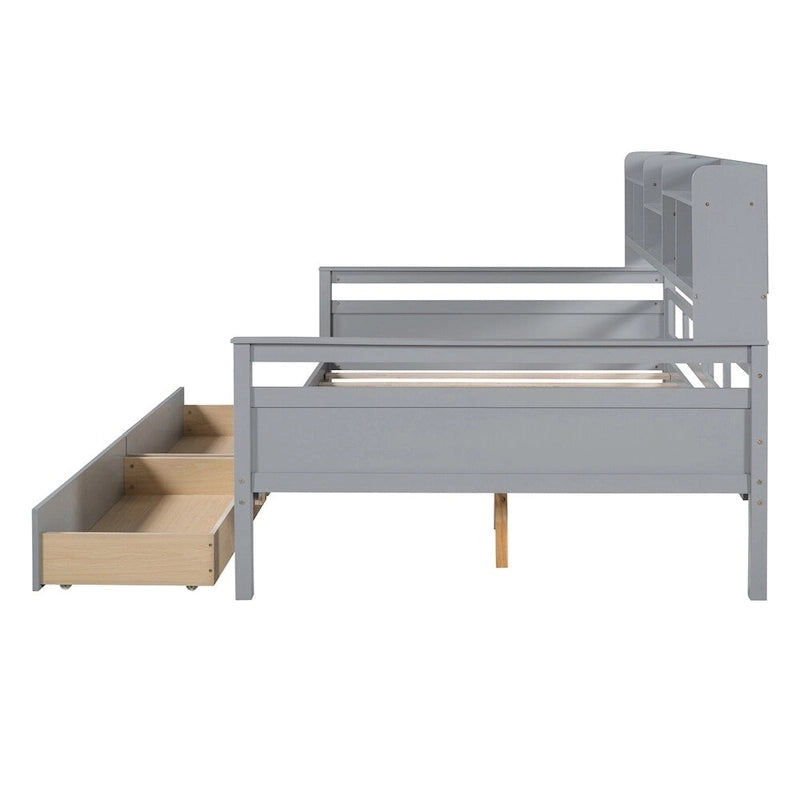 Divano letto in legno a grandezza naturale con 2 cassetti e ripiano – Bianco / Espresso / Grigio, adatto a sedere o dormire 1 persona