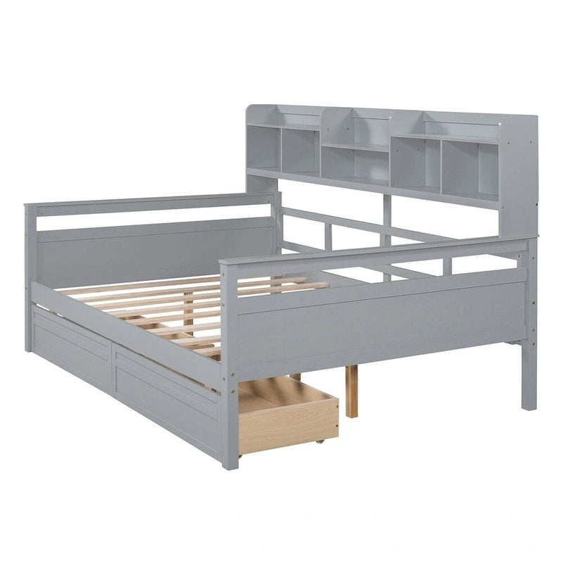 Divano letto in legno a grandezza naturale con 2 cassetti e ripiano – Bianco / Espresso / Grigio, adatto a sedere o dormire 1 persona