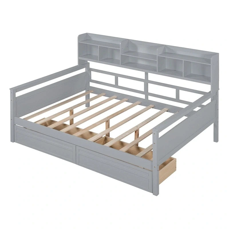 Divano letto in legno a grandezza naturale con 2 cassetti e ripiano – Bianco / Espresso / Grigio, adatto a sedere o dormire 1 persona