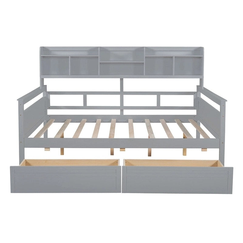 Divano letto in legno a grandezza naturale con 2 cassetti e ripiano – Bianco / Espresso / Grigio, adatto a sedere o dormire 1 persona
