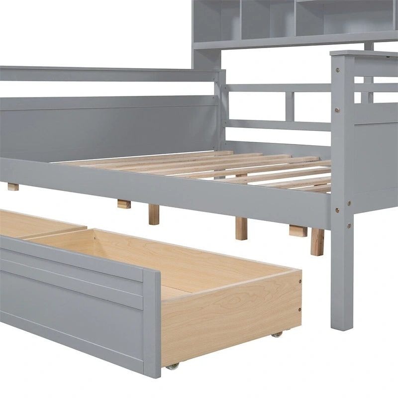Divano letto in legno a grandezza naturale con 2 cassetti e ripiano – Bianco / Espresso / Grigio, adatto a sedere o dormire 1 persona