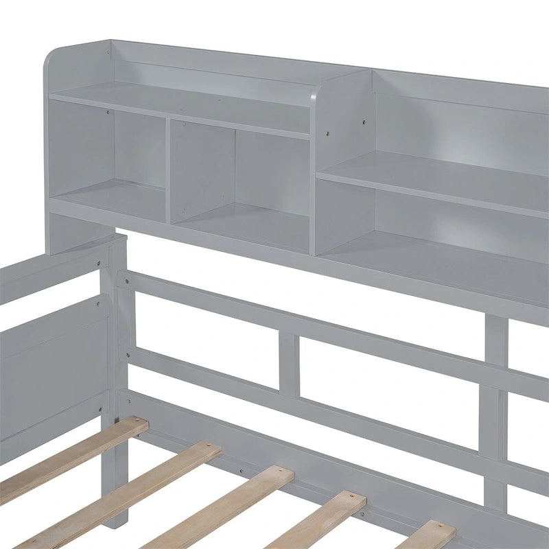 Divano letto in legno a grandezza naturale con 2 cassetti e ripiano – Bianco / Espresso / Grigio, adatto a sedere o dormire 1 persona