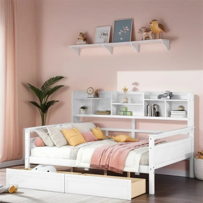 Divano letto in legno a grandezza naturale con 2 cassetti e ripiano – Bianco / Espresso / Grigio, adatto a sedere o dormire 1 persona
