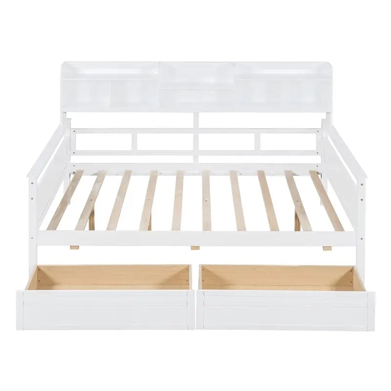 Divano letto in legno a grandezza naturale con 2 cassetti e ripiano – Bianco / Espresso / Grigio, adatto a sedere o dormire 1 persona