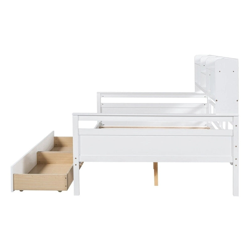 Divano letto in legno a grandezza naturale con 2 cassetti e ripiano – Bianco / Espresso / Grigio, adatto a sedere o dormire 1 persona