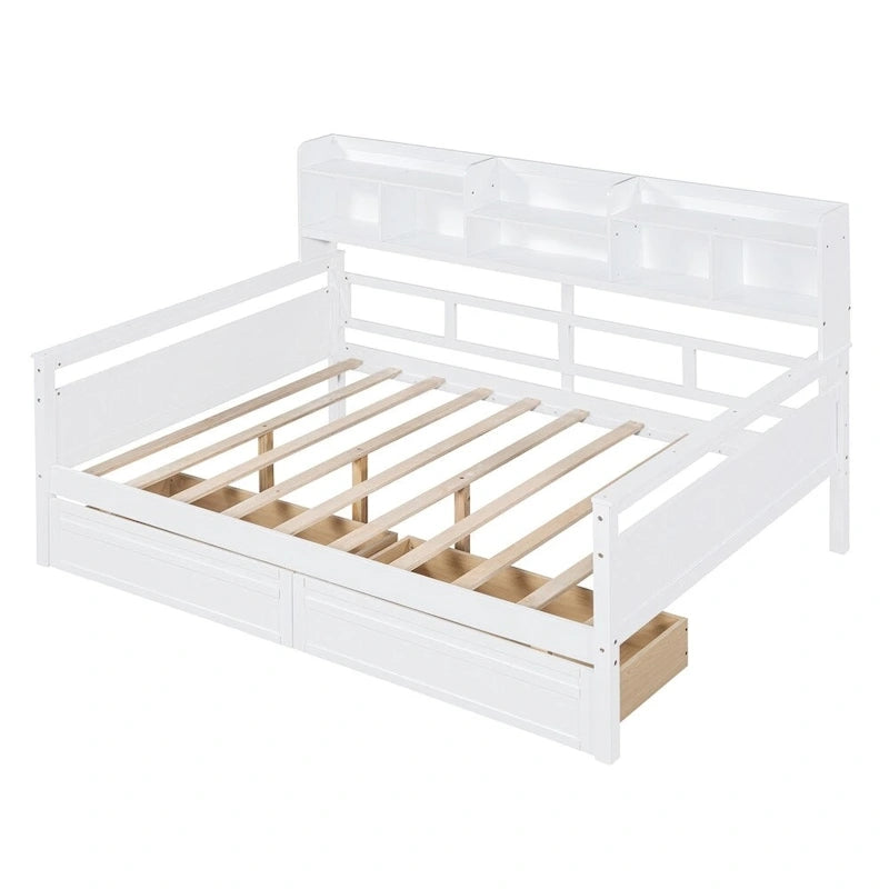 Divano letto in legno a grandezza naturale con 2 cassetti e ripiano – Bianco / Espresso / Grigio, adatto a sedere o dormire 1 persona