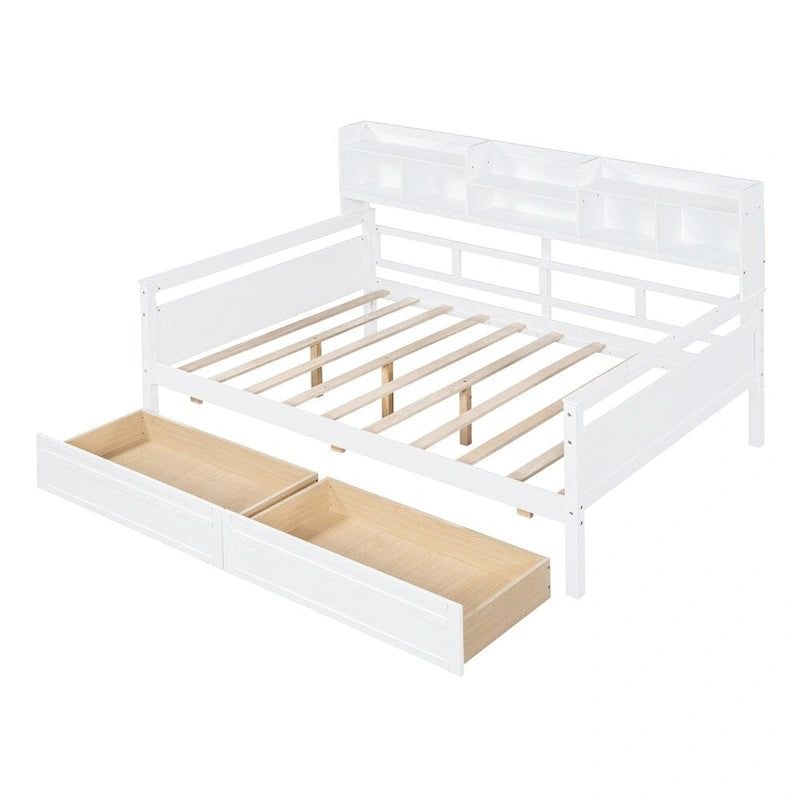 Divano letto in legno a grandezza naturale con 2 cassetti e ripiano – Bianco / Espresso / Grigio, adatto a sedere o dormire 1 persona