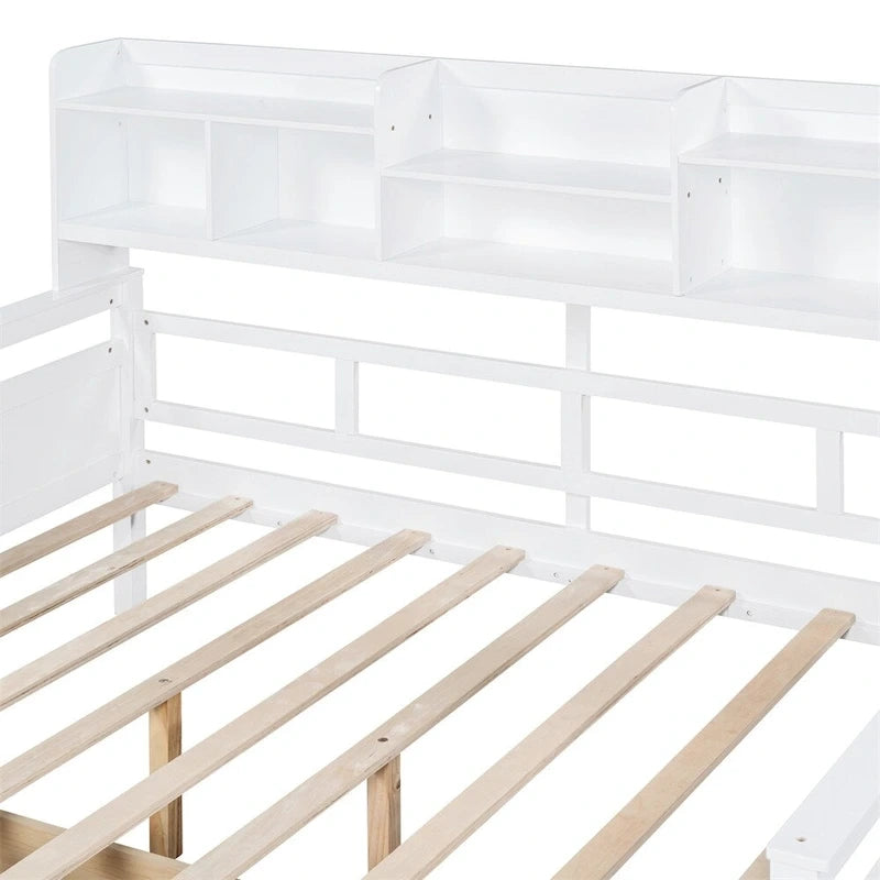 Divano letto in legno a grandezza naturale con 2 cassetti e ripiano – Bianco / Espresso / Grigio, adatto a sedere o dormire 1 persona
