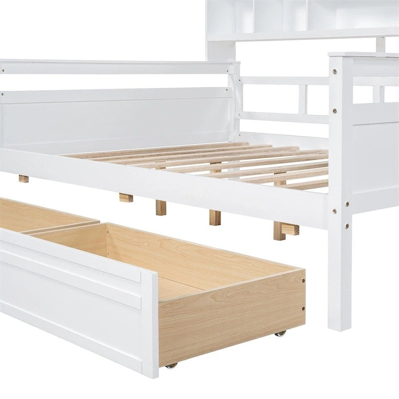 Divano letto in legno a grandezza naturale con 2 cassetti e ripiano – Bianco / Espresso / Grigio, adatto a sedere o dormire 1 persona