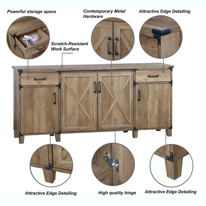 Credenza in rovere rustico a 4 ante con schedario, 1 persona