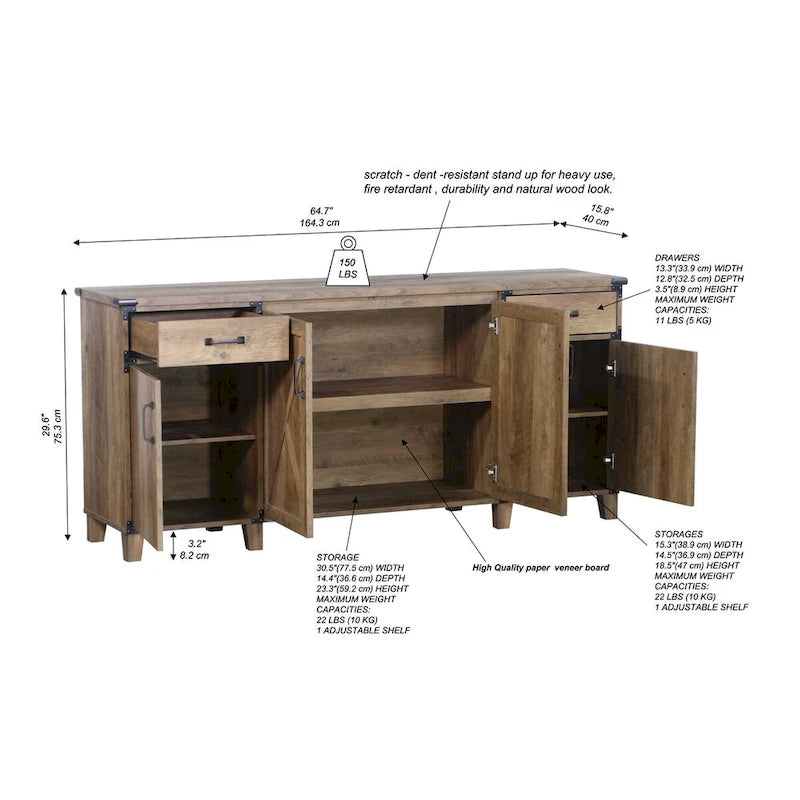 Credenza in rovere rustico a 4 ante con schedario, 1 persona