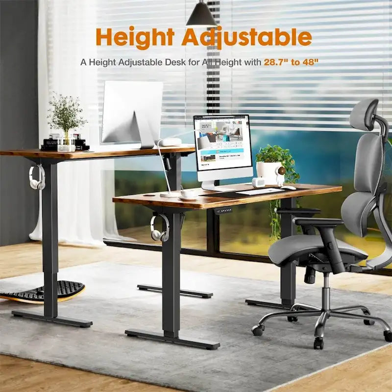 Scrivania marrone elettrica regolabile in altezza, stile sit-to-stand per un singolo utente