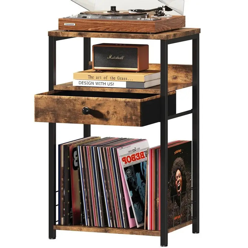 Supporto marrone per giradischi con contenitore per vinili, piano in MDF, monoposto, 40x30x70 cm