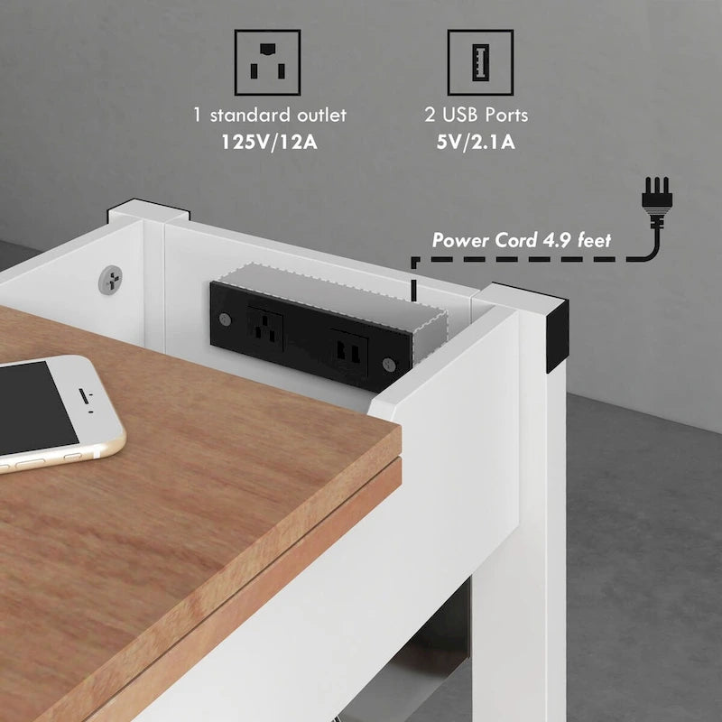 Tavolino bianco a 1 cassetto con porte USB e presa di corrente