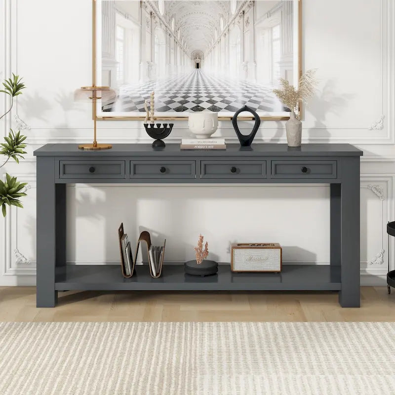 Consolle marrone chiaro/blu scuro/bianco antico con 4 cassetti e ripiano inferiore