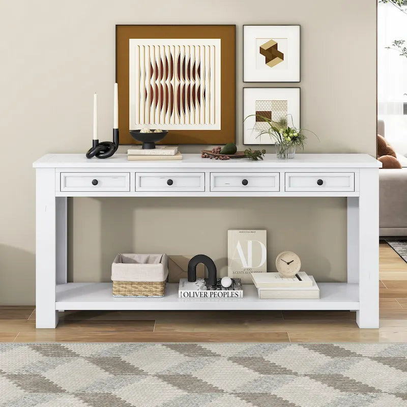 Consolle marrone chiaro/blu scuro/bianco antico con 4 cassetti e ripiano inferiore