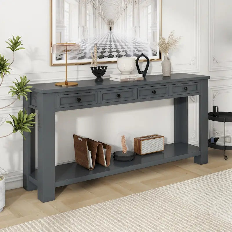 Consolle marrone chiaro/blu scuro/bianco antico con 4 cassetti e ripiano inferiore