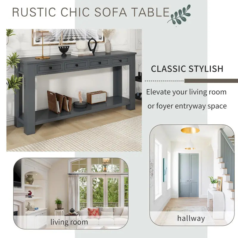 Consolle marrone chiaro/blu scuro/bianco antico con 4 cassetti e ripiano inferiore