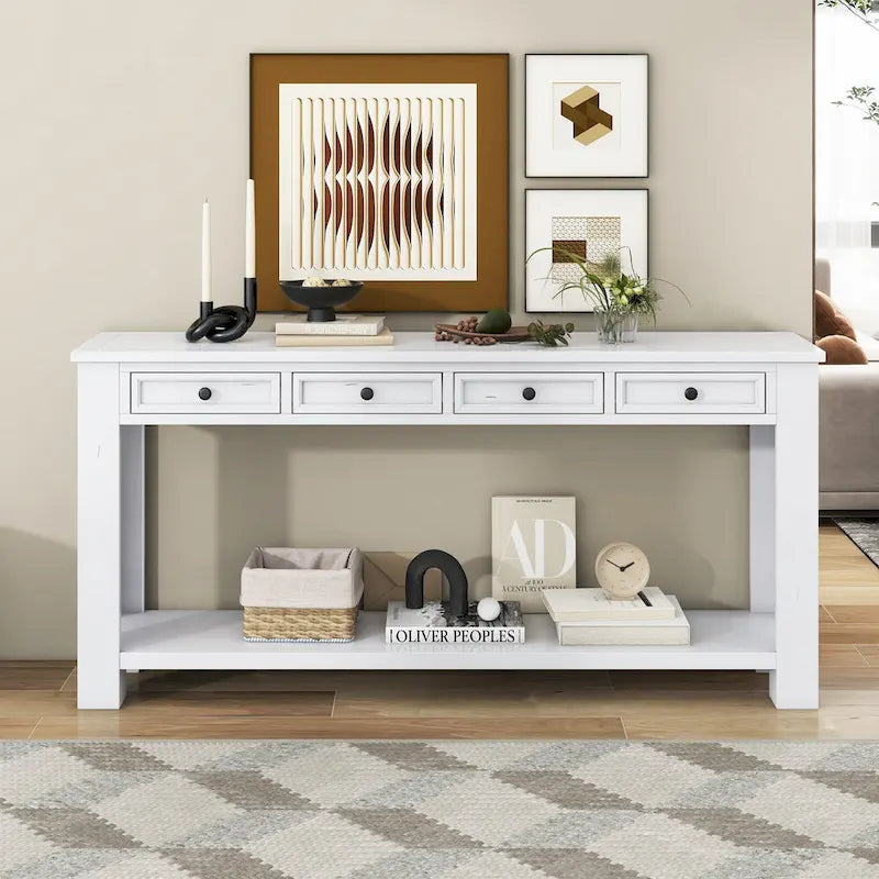 Consolle marrone chiaro/blu scuro/bianco antico con 4 cassetti e ripiano inferiore
