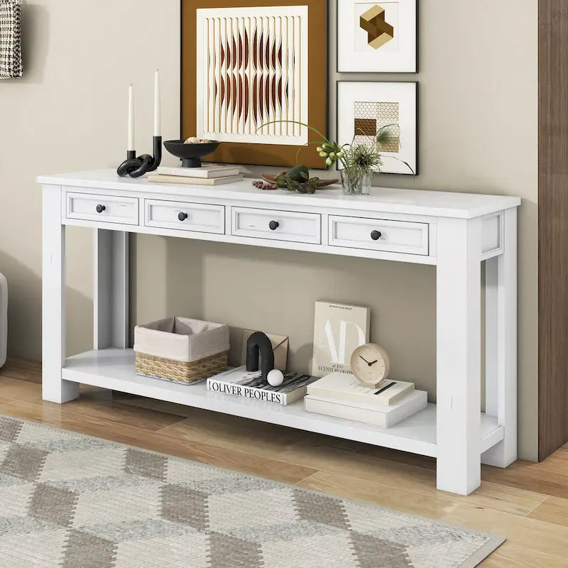 Consolle marrone chiaro/blu scuro/bianco antico con 4 cassetti e ripiano inferiore